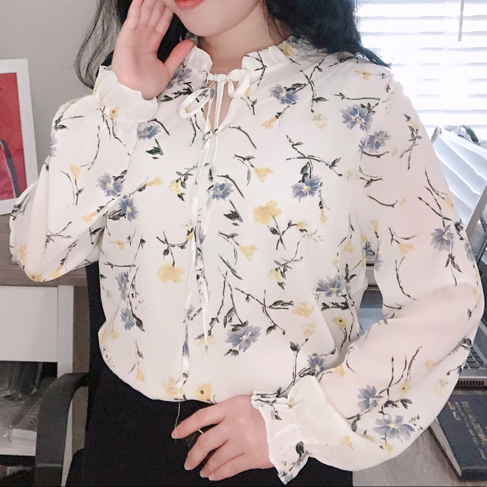 Women long sleeve front bow tie printed chiffon floral blouse shirt top